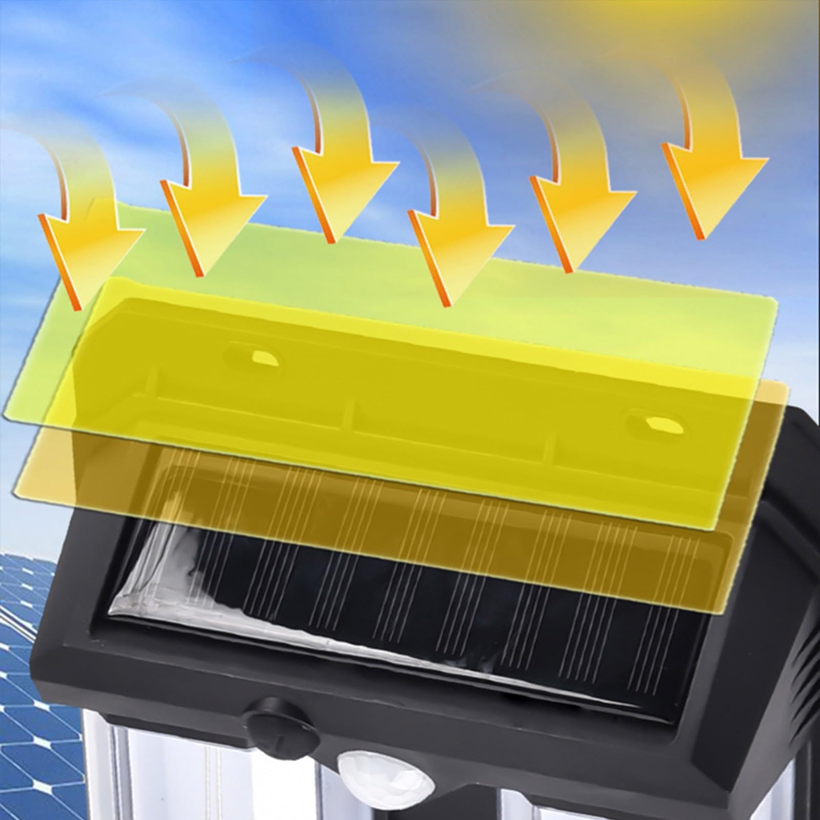 Lámpara de pared solar impermeable con sensor de movimiento solar para exteriores brillante de alta potencia para jardín, patio, con dos fuentes de luz LED