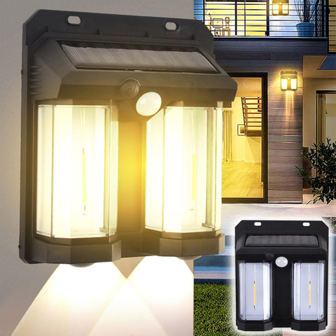 Lámpara de pared solar impermeable con sensor de movimiento solar para exteriores brillante de alta potencia para jardín, patio, con dos fuentes de luz LED