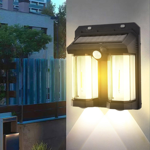 Lámpara de pared solar impermeable con sensor de movimiento solar para exteriores brillante de alta potencia para jardín, patio, con dos fuentes de luz LED